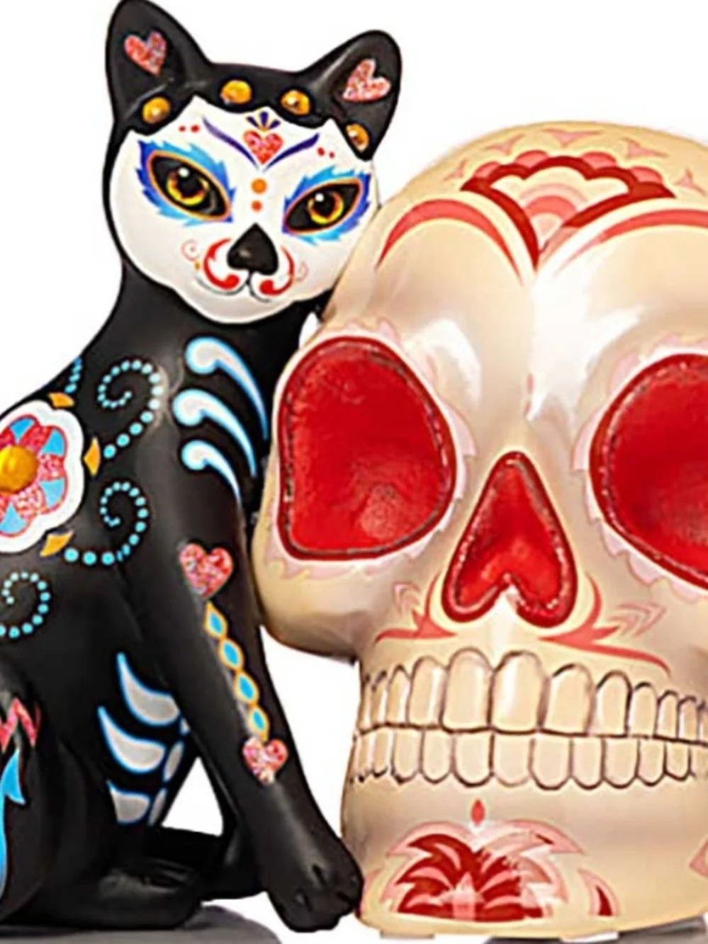 3 Hand-Painted Black Cat on Gray Decorative Skull Figurine